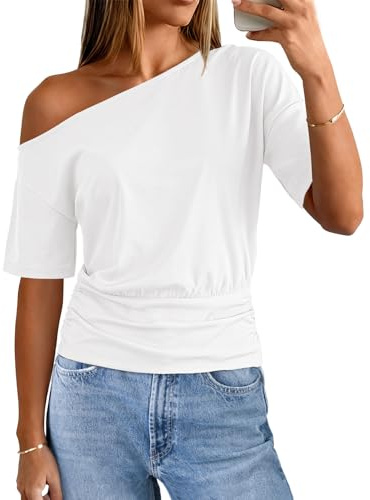 MEROKEETY Women's Off The Shoulder Short Sleeve Tops 2026 Summer Casual Going Out Trendy Y2k T Shirts, White, Large