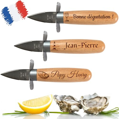 Couteau à Huîtres Personnalisé – Gravure Laser Prénom & Icône – Fabrication Française – Manche en Bois & Lame Inox – Cadeau Unique & Original – Accessoire Cuisine Plateau Fruits de Mer