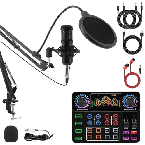 Podcast Equipment Bundle, Streaming Microphone Kit with Audio Mixer & Sound Card, USB Condenser Mic for 1 People, Perfect for Podcasting, Singing, YouTube, Gaming – for PC Laptop Phone