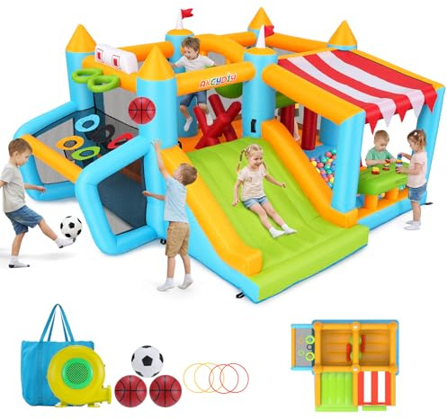 Château Gonflable pour Enfants de 3 à 12 Ans, adapté pour l'intérieur et l'extérieur, avec Parcours d'obstacles, Stand de marché de Jouets, Parc de tir de Football, Piscine à balles et Ventilateur