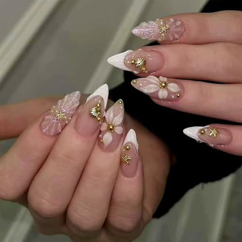 Tupenofif Press on Nails, Unghie finte a forma di mandorla con fiori 3D & conchiglie, Unghie artificiali lussuose per matrimonio & vacanza, Manicure elegante di media lunghezza in stile estivo, set