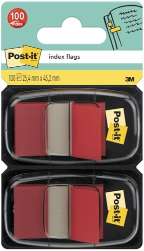 Post-It Index Marcadores Adhesivos, Medio, Rojo, 25.4 mm x 43.2 mm, 2 Dispensadores, 100 Marcadores - Marcapáginas Para Señalar, Resaltar o Colorear