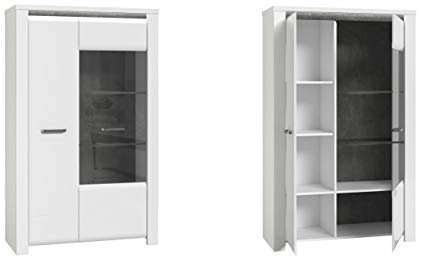 Furniture24 Vitrine Brugia BUGV621LB, Schrank, Hochschrank, Vitrinenschrank, 2 Türiger mit 2 Glasboden, Weiß Hochglanz, mit Led Beleuchtung (ohne Glasboden Beleuchtung)
