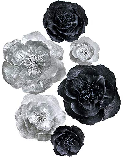 Letjolt Papierblumen-Dekorationen für Wand, Hochzeitsdekoration, 3D-Blumen für Geburtstag, Babyparty, Brautparty, Schwarz, Set 6 Stück