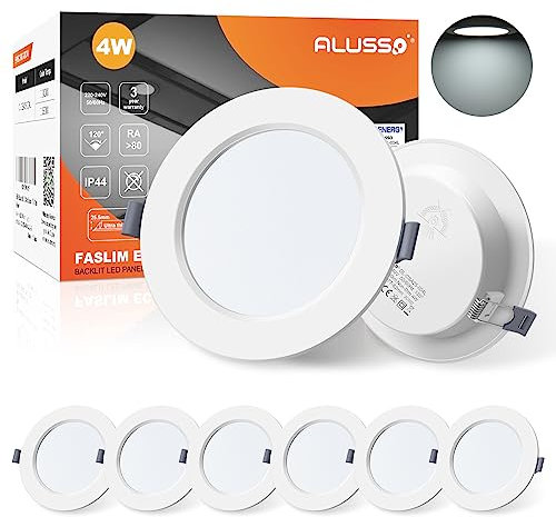 ALUSSO LED Downlights for Ceiling 4W Ultra Slim LED Recessed Ceiling Spot Lights 6500K Cool White IP44 Waterproof Spotlights Ceiling Lights for Bathroom Kitchen Living Room, 6 Pack