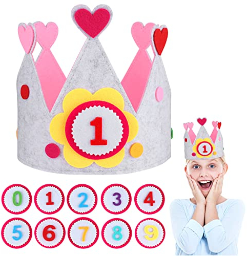 JOYUE Corona di Compleanno per Bambini, Corona Stoffa Compleanno con Numeri da 0 a 9, Corona in Tessuto Compleanno Cappelli di Corona, Cappello da Festa di Compleanno per Ragazzi e Ragazze (Rosa)