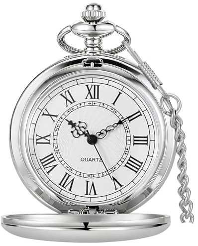 Tiong Reloj de Bolsillo de 37 cm con Cadena Plateada Lisa de Acero y Cuarzo, Estilo Vintage con números Romanos, para Regalo, Cf1002, Cf1002