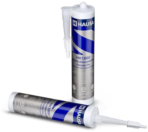 HAUSA Colle de construction HK1000 Extrem Fix Extrêmement forte et rapide Colle de montage professionnelle pour tout intérieur et extérieur Montage simple solide et rapide 2x 290ml Blanc
