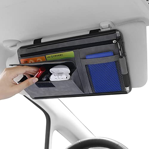 JEYODA Auto Sonnenblende Organizer Brillenetui Aufbewahrungstasche Notizhalter Auto Wildleder Reißverschluss Karte halten Auto Organizer und Aufbewahrung (grau)