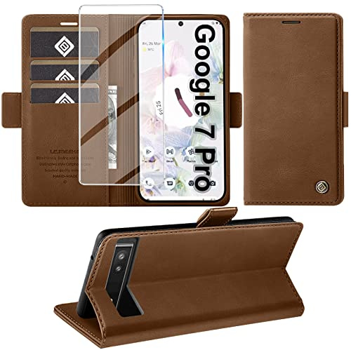 Giyer Handyhülle für Google Pixel 7 Pro Mit Schutzfolie, Standfunktion, Kartenfach - Premium Leder Schutzhülle, Flip Case Cover Klapphülle (Braun)