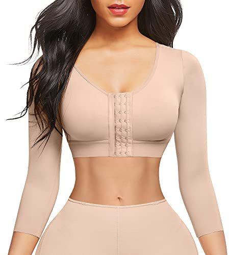 FeelinGirl 3/4 Sleeve Arm Shaper Tops Arm Garments after Lipo Breast Lifter Post Surgical Compression Bra Nude S