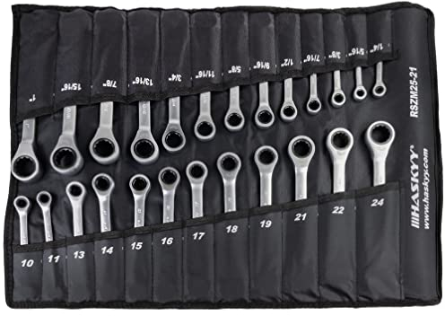 HASKYY 25tlg Zoll 1/4-1 Metrisch 10-24mm Ratschenschlüssel Set I Ring-Ratschen-Schlüssel I metric + inch