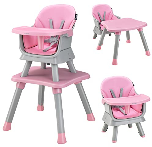 COSTWAY 6-in-1 Babyhochstuhl, Hochstuhl & Essstuhl & Lerntisch & Bausteintisch & Kindersitzgruppe, Kinderhochstuhl mit Sicherheitsgurt und abnehmbares Tablett, Babystuhl Kombihochstuhl (Pink)