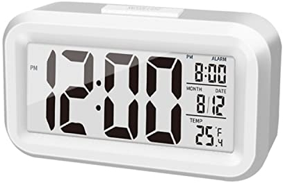 Hiseeyo Upgraded Digital Alarm Clock, 4.3 LED Display with Temperature Larger Lound Light Control Portable Snooze Calendar Brightness with Battery Powered Alarm Clocks Bedside for Everyone (White)