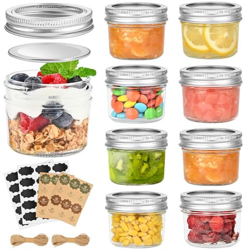 TUZAZO 4 oz Mini Mason Jars with Lids 8 Pack, 4oz Small Glass Mason Canning Jars for Jam Jelly Yogurt Dessert, Shower Wedding Favors Decor