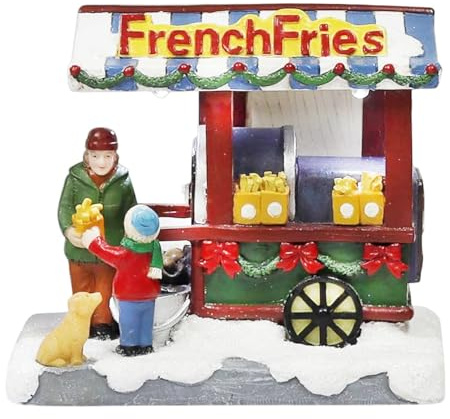 MOMENTS IN TIME 4.1”H French Fries Wagon Cart - LED Lights, Battery Operated Christmas Village - Hand-Painted Polyresin
