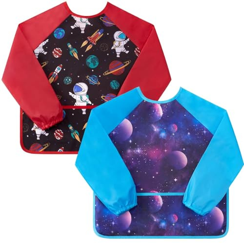 WERNNSAI 2er-Pack Kinder Malkittel für Jungen Malschürze von 3–8 Jahren | Weltraum Wasserdichte Malschürze mit langen Ärmeln und 3 Taschen, Bastelschürze für Malen Basteln Backen Kinderschürze