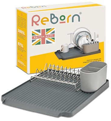 ReBorn - Recycled Dish Draining Rack - Kitchen Sinkside Drainer - Holds up to 10 Plates - Removable Cutlery Basket - Stainless Steel Rack - Made in Britain (Dark Grey, Large)