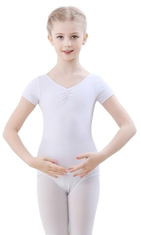 FONLAM Body da Balletto per Bambine Ragazze Cotone Body Danza Classica Manica Corta Body Ginnastica (Bianco, 11-12 Anni)
