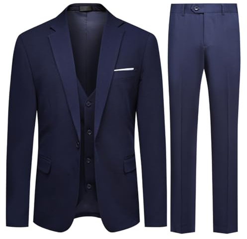 Allthemen Mens 3 Piece Suit 1 Button Business Solid Color Stretch Tuxedo Blazer Waistcoat Trousers Navy Blue XL