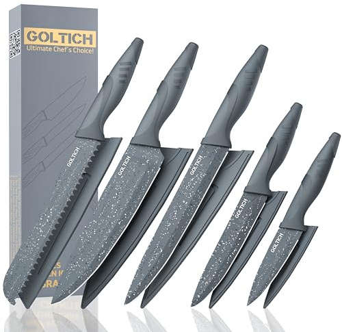 GOLTICH 5 PCs Grey Kitchen Knife Sets with Sheath - Premium Stainless Steel Kitchen Knives Set with Easy Grip Handle - Ultra Sharp Knife Set Includes Santuko, Bread, Paring, Utility & Chef Knife