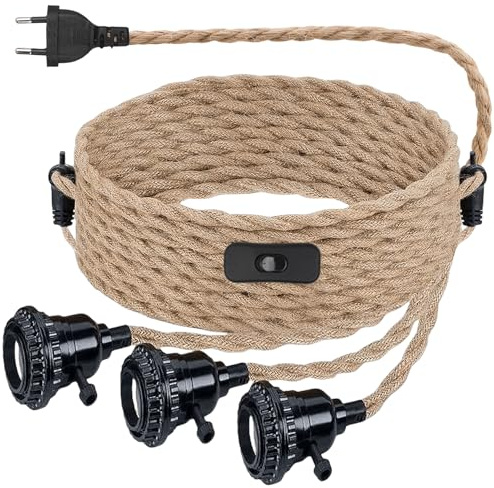 Hanfseil Pendellampe Kit, Lampenfassung Pendelleuchte mit Stecker, E27 Vintage Lampenkabel mit Schalter, Lampenkabel HäNgende Leuchte mit 3 Flammig, DIY Retro Hängelampe für Dining Hall Home