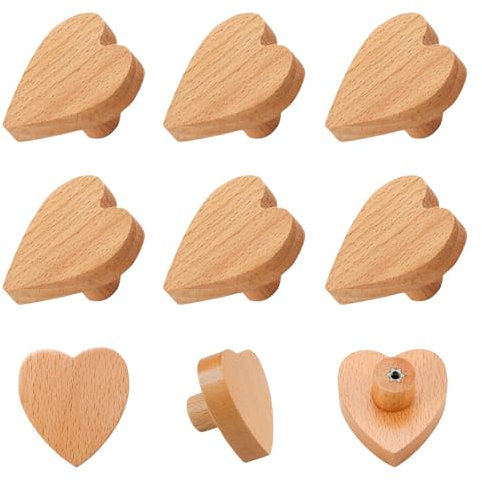 quiodok 6 Stück Möbelknöpfe Holz Herz Schrankknauf Holzgriffe für Schränke Schrankknöpfe Holz mit Schrauben für Dekoration, Möbelknopf für Schubladen, Schrank, Kommode