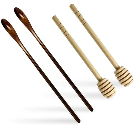 Hugwish 4pcs Cucchiaio per Miele Legno E cucchiaini Legno Lunghi, Cucchiaio caffè Lungo, Spargi Miele, Spargimiele Bastoncini Cucchiaio Piccolo con Manico Lungo per caffè, Latte, tè, Dolci e Zuppe
