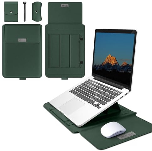 MokaZii 13-14 Pulgada Funda para Portátil Compatible con MacBook Air 13/Pro 14 (M5 Pro MAX 2026/M4/M3/M2/M1), PU Funda Resistente Protectora Soporte Ratón Alfombrilla Cuero Portátil - Verde