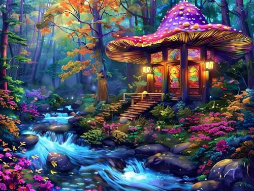 Paint by Numbers for Children Beginner Castle Mushroom Painting by Number Adults Kits, With 3-Paint Brushes Acrylic Pigment Drawing, DIY Painting Art Crafts for Home Decor 20x28in (Without Frame) w-75