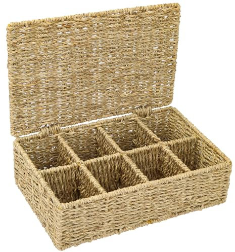 HMF Caja de té para bolsas de té trenzada de algas marinas, caja de almacenamiento con 8 compartimentos grandes, 33 x 21 x 10 cm