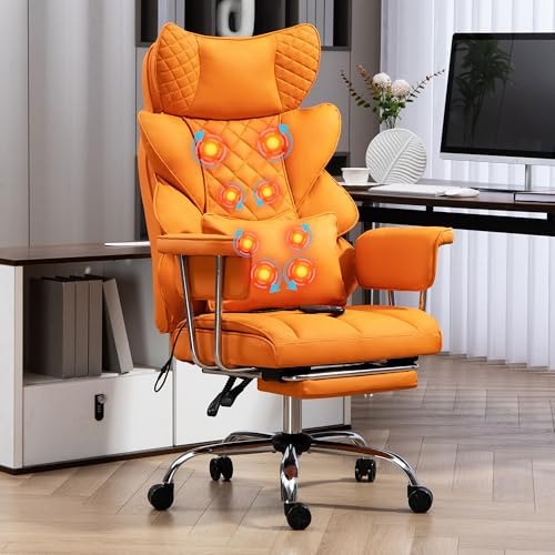 LONXIU Bürostuhl mit Fußstütze - Ergonomischer Gaming- und Chefsessel mit 360° Drehfunktion, 90-135° Verstellbarer Rückenlehne und weichen Armlehnen für optimalen Komfort (Mit Massage, Orange)