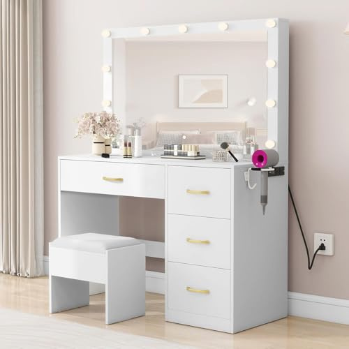 YITAHOME Schminktisch mit verstellbaren LED-Beleuchtung und Steckdosen,Schminktisch mit Spiegel,3 Farben mit Einstellbarer Helligkeit,Frisiertisch mit Schubladen mit Hocker,Weiß