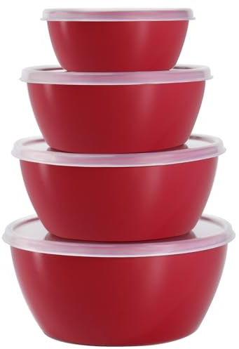 SCWBOEII 4-Piece Classic Plastic Prep Bowls with Lids, Nesting Plastic Small Mixing Bowl Set for Mixing, Baking, Prepping, Cooking and Serving Food, Microwave and Dishwasher Safe (Red)