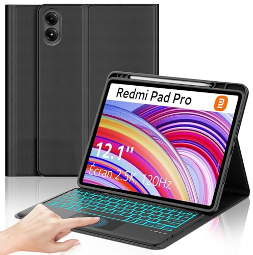Coque Clavier pour Xiaomi Redmi Pad Pro 12.1 2024/Poco Pad 12.1 Pouces | Pavé tactile 7 Couleurs Rétroéclairées, Étui Clavier Détachable Bluetooth sans Fil, AZERTY Français avec Porte Crayon, Noir
