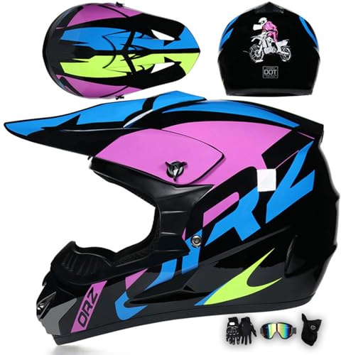 MODRYER Casco Moto Hombre Mujer Casco Integral con Visera Casco De Motocross Juvenil Adultos Cascos para ATV Downhill Off Road Quad Enduro Scooters Cruceros, con Gafas Guantes,Pink-L/56~57cm