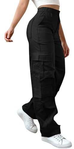 Pantalon cargo extensible à jambe large pour femme - 6 poches utilitaires - Taille haute élastique - Coupe ample - Pantalon évasé pour randonnée, marche, combat - Pantalon de travail décontracté