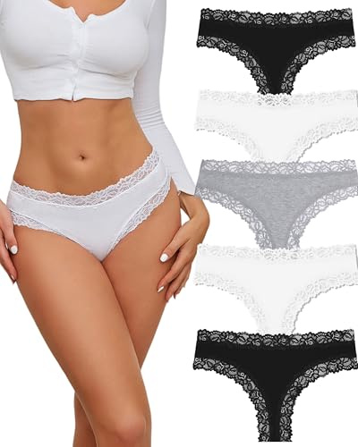 ALL OF SHE Culotte Femme Coton Slip Bresilien Dentelle Doux sous Soft Vêtements Féminins Sexy Chic Panties Underwear Women Multipack Lot de 5