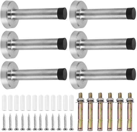 6 Pack Door Stopper, 95mm Heavy Duty Wall Mounted Door Stops | Stainless Steel Door Stopper, Wall Mounted Rubber Buffer Bumper with Mounting Screws and Anchors
