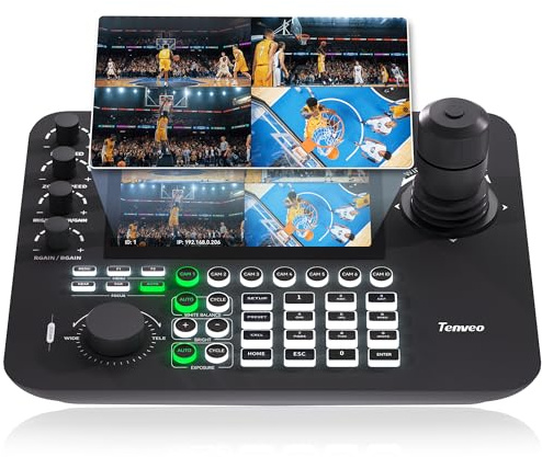 Tenveo NDI PTZ Camera Controller, 7 LCD Quad-Screen Real-time Preview, 4D PTZ Joystick Controller, NDI License Included, Support NDI PoE VISCA Pelco-D/P for Church Worship Live Events Streaming