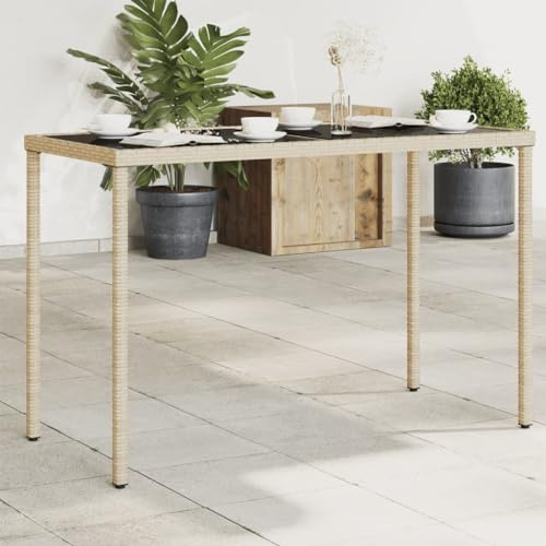 HaoChrymec Gartentisch Beige mit Glasplatte, PE-Rattan, Pulverbeschichteter Stahlrahmen, Robuster und Stabiler Tisch, Loungetisch Outdoor, Balkon Tisch, 115 x 54 x 74 cm