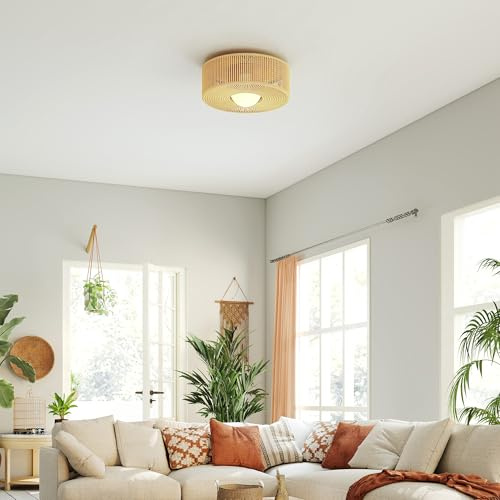 HOMCOM Lámpara de Techo con Bombilla LED G9, 20W, 3000 K, Plafón LED Techo Bohemio con Pantalla de Cuerda de Lino para Dormitorio, Salón, Cocina y Comedor, Marrón Claro