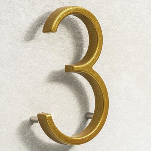 House Signs Direct Floating 3D Metal House Number, 5 Inch, Gold, Number 3 | Weatherproof 5-inch floating door number with waterproof finish and easy-install spacers, zinc alloy finish.