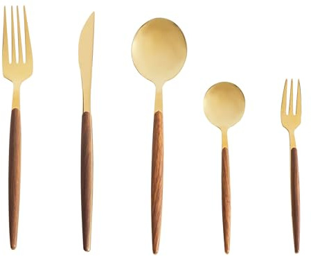 Cubertería moderna glamurosa de 30 piezas: cuchillo tenedor cuchara cucharilla tenedor para fruta material sintético acero inoxidable dorado Gemelli