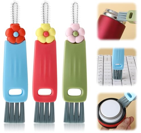 TIESOME 3 Stück Becherdeckel-Reinigungsbürste,Blumen 3 In 1 Cup Lid Cleaning Brush Schön Flaschendeckel Bürste Flaschendeckelbürste Wasserflaschenbürsten Multifunktionale Tassendeckel Lücken Bürste