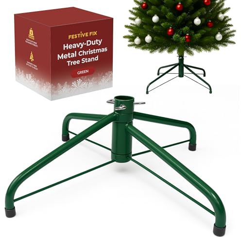 Festive Fix Support de Sapin de Noël Vert pour Vrais Arbres – Base de Sapin de Noël en métal Robuste avec vis réglables et trépied Stable – Support Durable pour Arbres de Noël véritables et