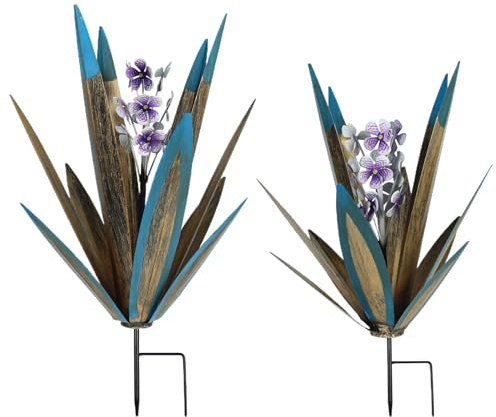 Plantes d'agave en métal pour Cour, 2 pièces de Plantes d'agave en métal décor extérieur 19 et 16 Pouces Jardin Solaire 7 Couleurs éclairage Automatique Sculpture de Plante étanche avec piquets décor