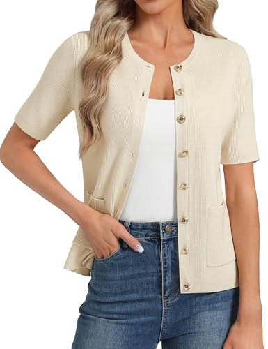 GRACE KARIN Women's Short Sleeves Solid Knit Cardigan Round Neck Button Tops with Pockets Apricot L