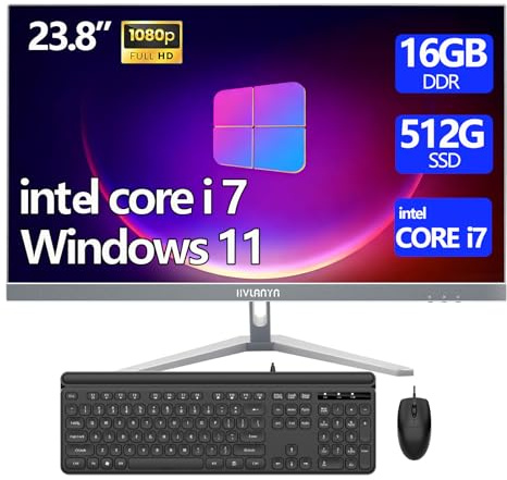HVLANYN 23.8-Inch Fhd All-in-One Desktop Compute,Core i7, 16GB DDR RAM,512GB PCIe SSD,1920x1080 FHD Display, WiFi, Bluetooth,Mouse and Keyboard Include,with 1-Year Warrant
