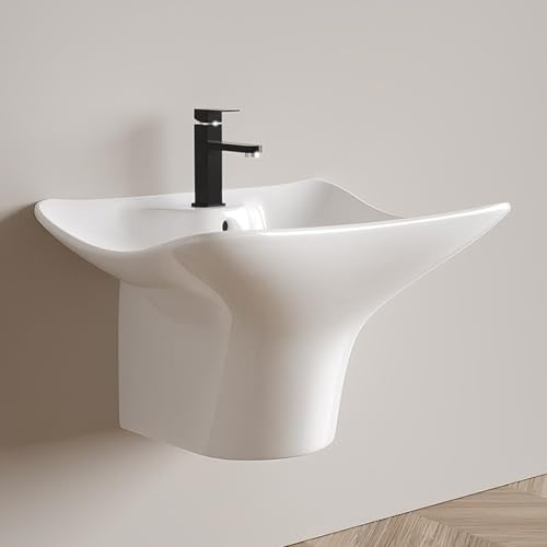 Wall Mount Bathroom Vessel Sink, Small Ceramic Cloakroom Basin Rectangular Gloss Vanity Sink, Wall Hung Corner Washbasin Wc, Standard Drain Holes(White 56.5x40x39cm)